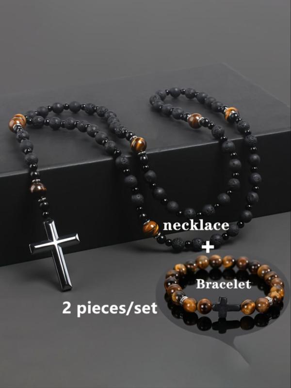 Men's Cross Pendant Design Beaded Necklace & Bracelet, Fashion Jewelry for Party, Daily Clothing Decor, Trendy All-match & Exquisite Jewelry for Birthday Gift