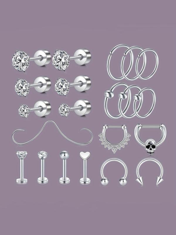 Women's Body Piercing Set, Stainless Steel Body Jewelry Set, Including Cartilage Spiral, Earring, Beard Nose Ring, Lip Ring, Lip Drops, Suitable for Daily Wear