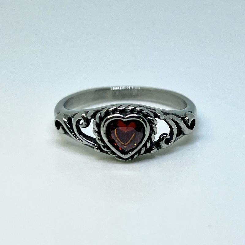 Vintage Stainless Steel Ring with Red Heart CZ Gem Rings