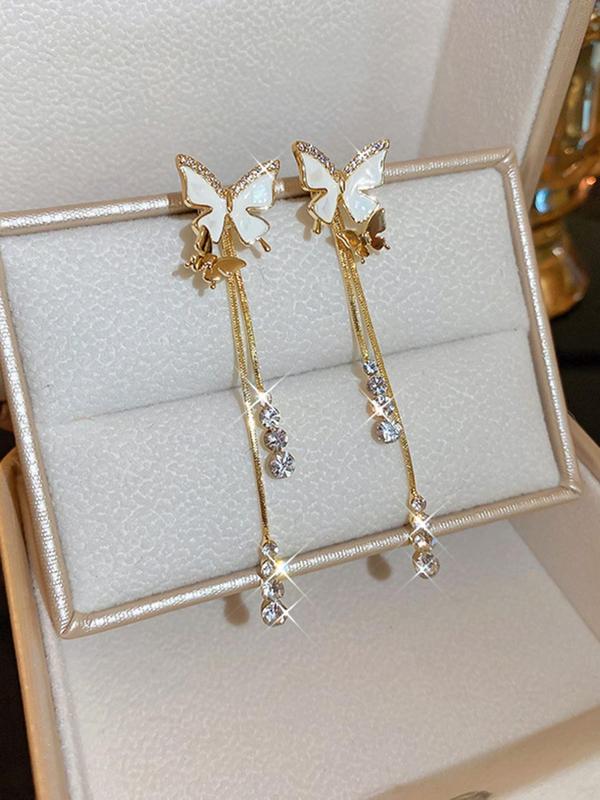 Summer Fashion Butterfly Rhinestone Decor Dangle Tassel Earrings, Elegant Plain Dangle Earrings, Kawaii Accessories, Matching Jewelry for Wedding Bridal Party Formal Occasions