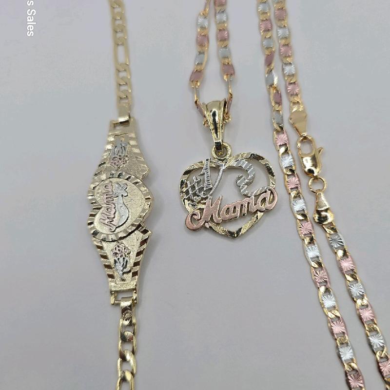 MOTHER'S GIFT SET mama #1 necklace mama bracelet heart and figaro style GOLD-PLATED 7