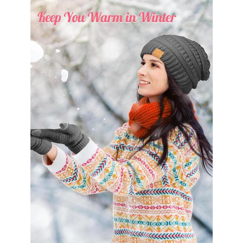 4 Counts Winter Glove and Hat Set Women Winter Hat Touchscreen Gloves Warm Knitted Beanie Hats and Gloves for Women