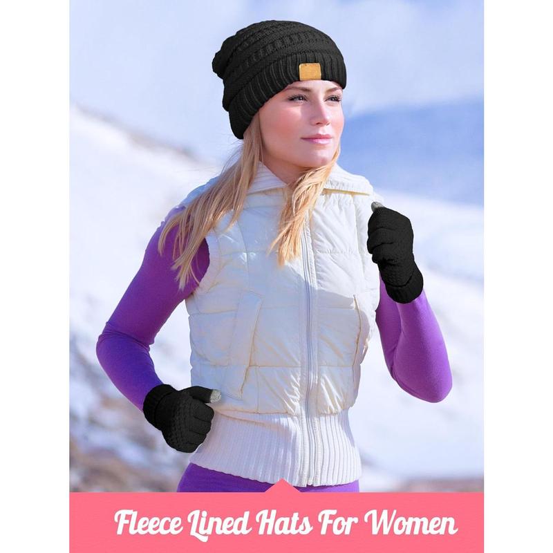 4 Counts Winter Glove and Hat Set Women Winter Hat Touchscreen Gloves Warm Knitted Beanie Hats and Gloves for Women