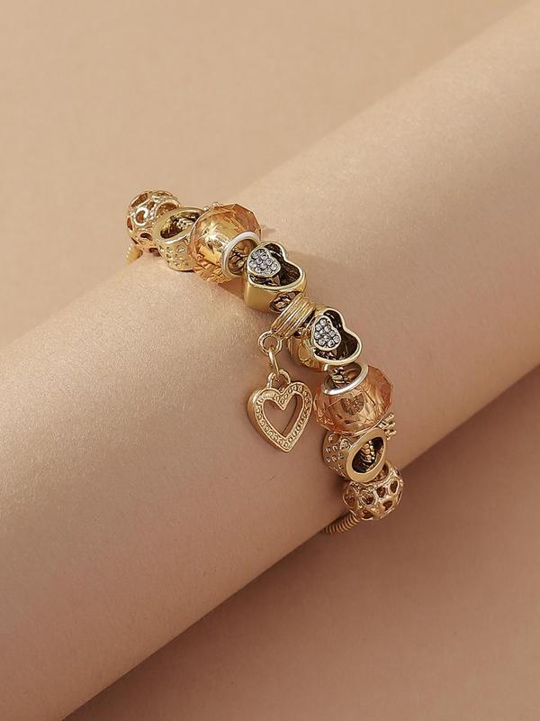 Fashion Rhinestone Decorated Beaded Bracelet As Gift, 2024 Heart Charm Matching Bracelet, Fashion Clean Girl Outfit Accessories for Women & Girls, Bracelet with Charms