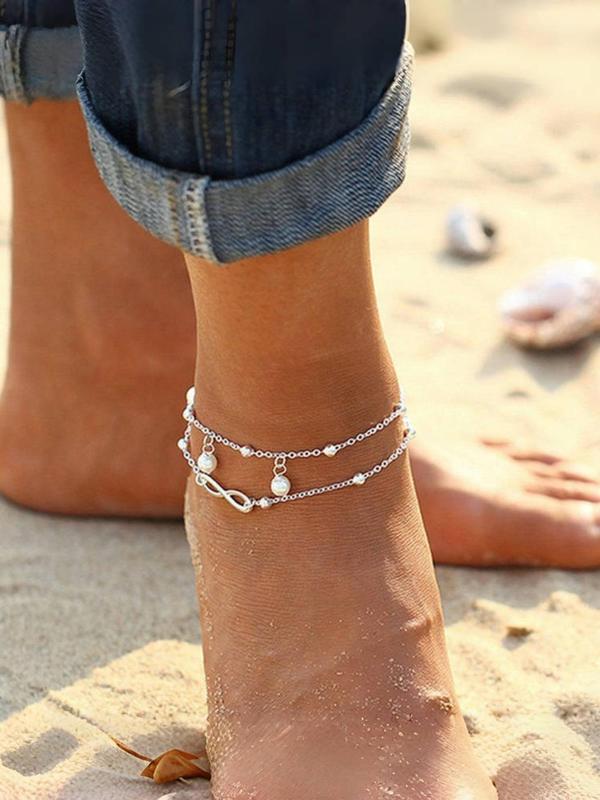 Boho Style Faux Pearl Decorated Layered Anklet, Double Layer Foot Jewelry for Beach Party Vacation, Fashion Accessories for Women & Girls, Trendy All-match & Exquisite Jewelry for Birthday Gift