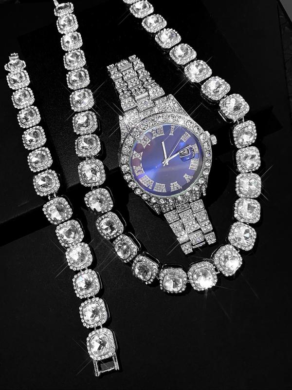 Rhinestone Decorated Watch & Bracelet & Necklace, Fashion Jewelry Set for Party, Daily Clothing Decor, Trendy All-match & Exquisite Jewelry for Birthday Gift