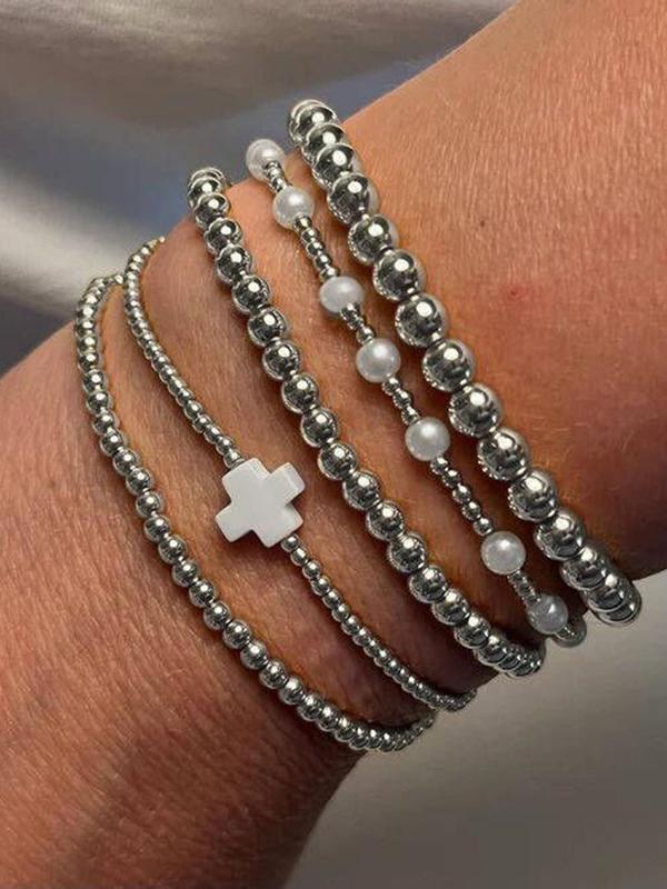 Faux Pearl Decorated Cross Charm Beaded Bracelet, Fashionable Jewelry for Women & Men, Trendy All-match & Exquisite Jewelry for Birthday Gift