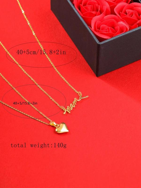 Women's Elegant Summer Letter & Heart Necklace, 2 Counts set Trendy Love Charm Necklace for Daily & Party Decoration, Dainty Jewelry for Gift with Rose Gift Box