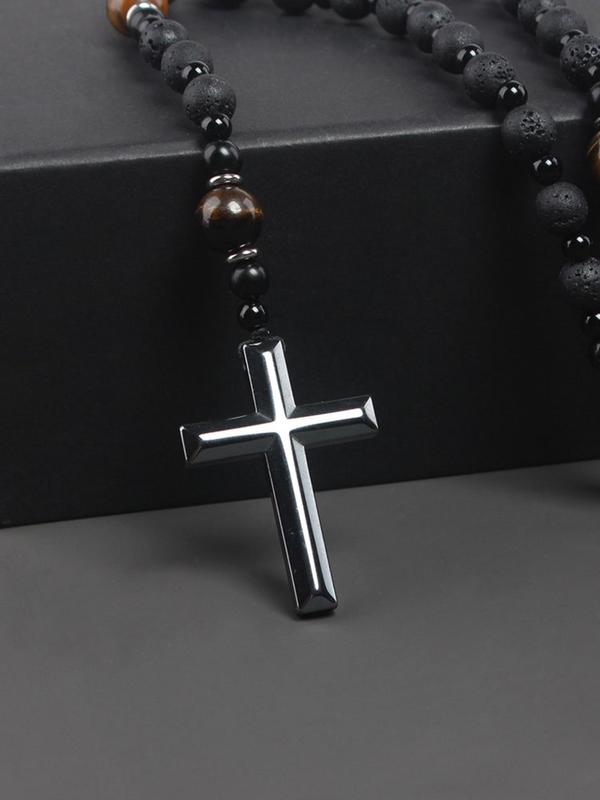 Men's Cross Pendant Design Beaded Necklace & Bracelet, Fashion Jewelry for Party, Daily Clothing Decor, Trendy All-match & Exquisite Jewelry for Birthday Gift