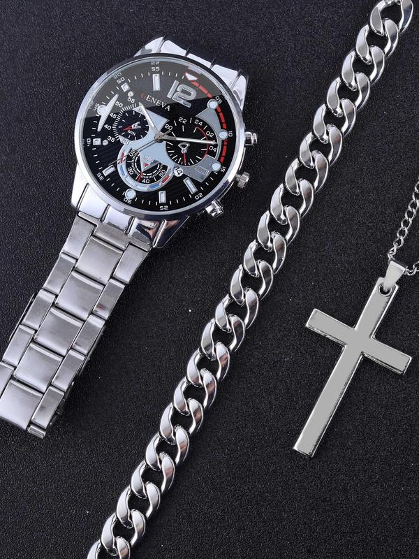 Men's Business Watch Set, Round Dial Analog Quartz Watch & Cross Pendant Necklace & Chunky Chain Bracelet, Fashion Watch Set for Party, Daily Decor, Exquisite Watch Set for Gift