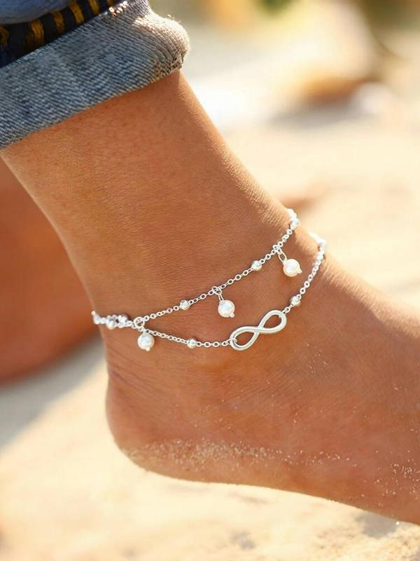 Boho Style Faux Pearl Decorated Layered Anklet, Double Layer Foot Jewelry for Beach Party Vacation, Fashion Accessories for Women & Girls, Trendy All-match & Exquisite Jewelry for Birthday Gift