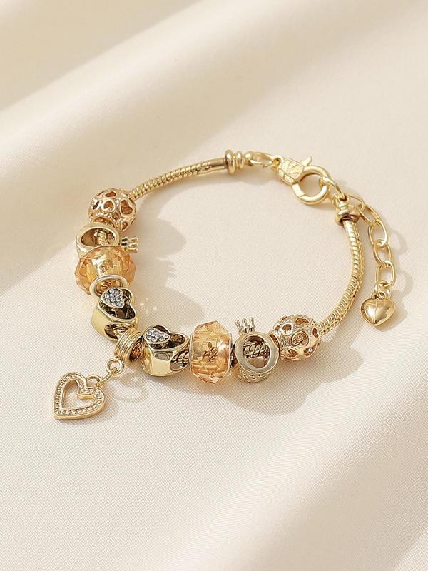 Fashion Rhinestone Decorated Beaded Bracelet As Gift, 2024 Heart Charm Matching Bracelet, Fashion Clean Girl Outfit Accessories for Women & Girls, Bracelet with Charms