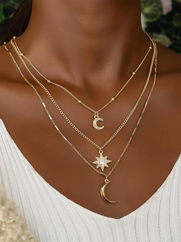 Elegant Rhinestone Star Moon Design Pendant Three Layered Necklace, Clavicle Chain Necklace for Women for Gift, Fashionable And Versatile Jewelry For Women