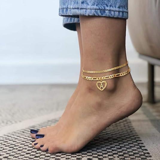 Initial Ankle Bracelets for Women Layered Figaro Chain Letter Initial Anklets Handmade Layered Heart Ankle Bracelets Personalized Gifts for Women Teen Girls