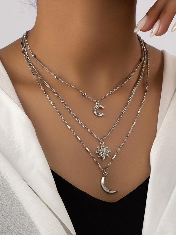 Elegant Rhinestone Star Moon Design Pendant Three Layered Necklace, Clavicle Chain Necklace for Women for Gift, Fashionable And Versatile Jewelry For Women