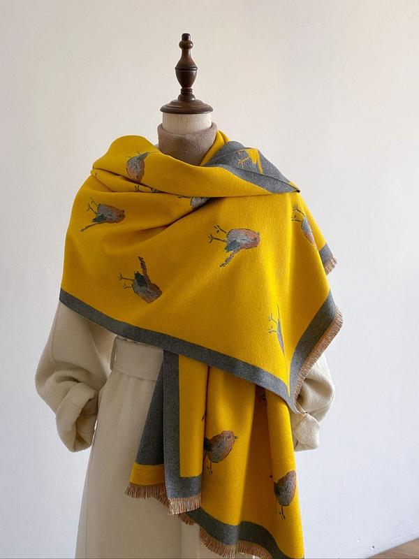 Fashion Bird Print Tassel Decor Scarf, Casual Soft Double Side Warm Shawl for Fall & Winter, Women's Imitation Cashmere Scarf for Daily Wear