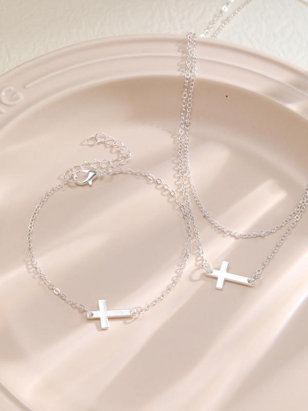 Women's Elegant Cross Design Pendant Necklace & Chain Necklace & Link Bracelet, 3counts set Exquisite Trendy Matching Jewelry Set, Fashion Accessories for Daily & Party Decoration