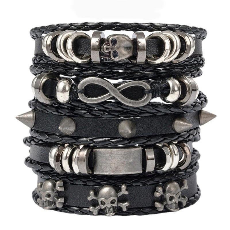 5 Pack Leather Bracelets Braided Wide Wristbands Women Mens Punk Rock Bracelet Skull