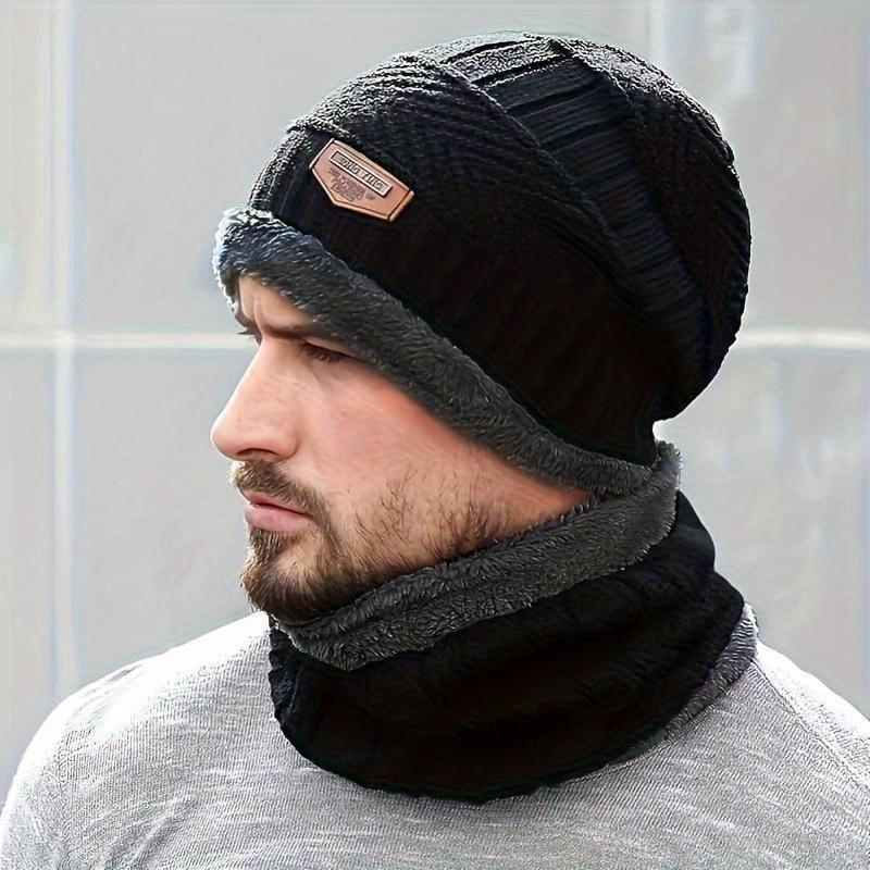 Men's Warm Knitted Hat with Scarf Suit-Thickened Thermal Fleece Lining Winter Accessories, Solid Color