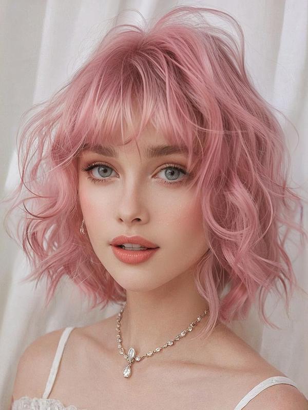 10 Inch Short Wavy Pink Women's Wig, Heat Resistant Wigs, Fluffy Wigs with Bangs, Synthetic Full Machine Wigs for Party, Daily Use