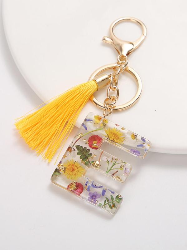 1pc Originality Initial Letter Keychains Accessories, Cute Flowers Pattern Tassel Decor Resin Charm with Key Ring, Bag Backpack & Key Chain Pendant