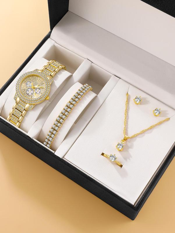 Rhinestone Decorated Quartz Watch Jewelry Set, Elegant Round Hands Analog Wrist Watch, and Ring Necklace Earrings Jewelry Set, Gift for Girlfriend, without Box