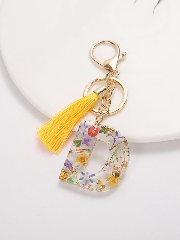 1pc Originality Initial Letter Keychains Accessories, Cute Flowers Pattern Tassel Decor Resin Charm with Key Ring, Bag Backpack & Key Chain Pendant