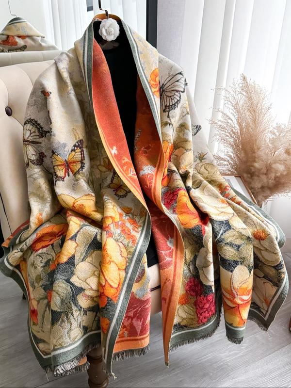 Women's Floral & Butterfly Print Double Sided Thickened Shawl, Casual Soft Warm Long Scarf for Fall & Winter, Fashion Accessories for Daily Wear