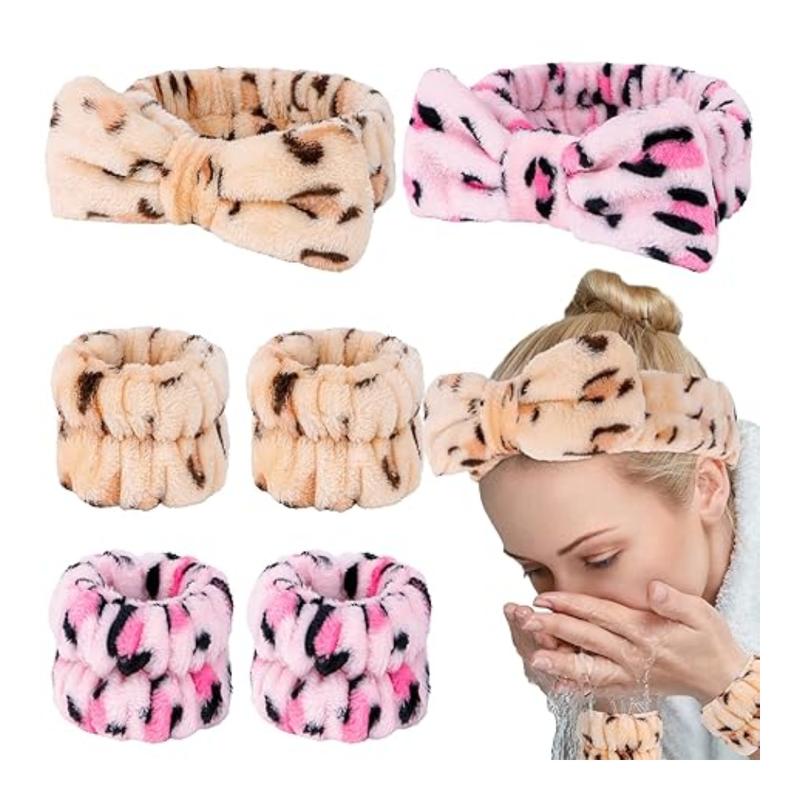 6 Pcs Puffy Spa Headband and Wristbands for Face Washing Skincare Headbands for Women (Pink Leopard, Brown Leopard)