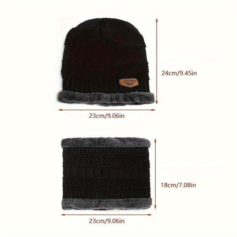 Men's Warm Knitted Hat with Scarf Suit-Thickened Thermal Fleece Lining Winter Accessories, Solid Color