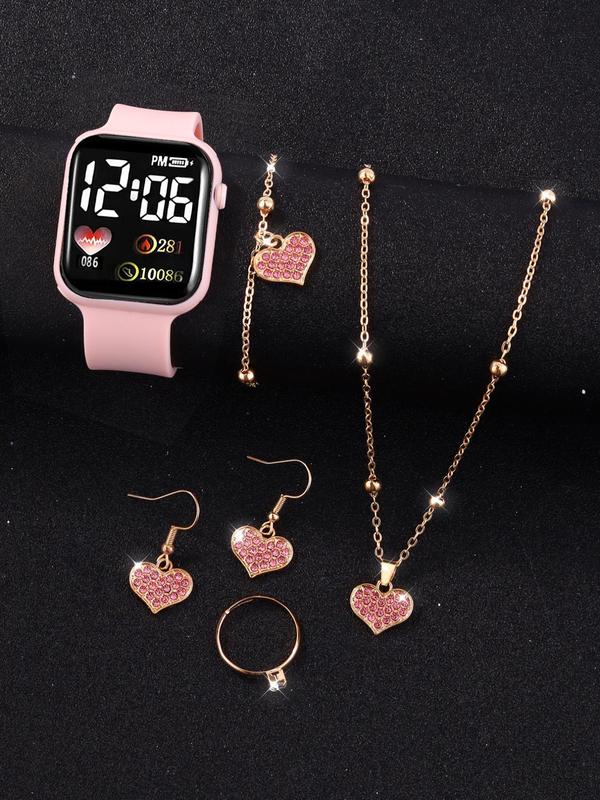 Women's Cute Heart Shaped Rhinestone Decor Watch & Jewelry Set, Including Watch & Necklace & Ring & Earrings & Bracelet, Fashion Watch Set for Women As Gift