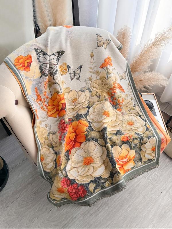 Women's Floral & Butterfly Print Double Sided Thickened Shawl, Casual Soft Warm Long Scarf for Fall & Winter, Fashion Accessories for Daily Wear