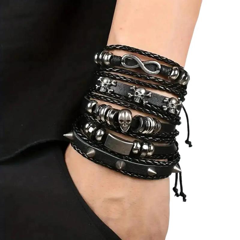 5 Pack Leather Bracelets Braided Wide Wristbands Women Mens Punk Rock Bracelet Skull