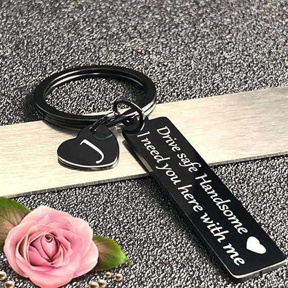 Drive Safe Keychain for Boyfriend Husband Dad 26 Initial Letter Keyring Valentine’s Day Gifts for Him Husband Gifts