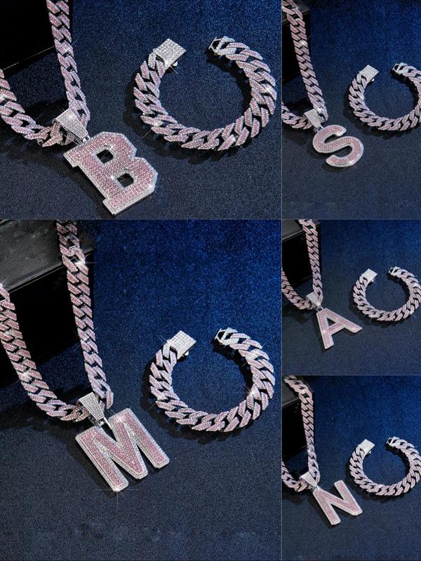 Rhinestone Decor Letter Design Pendant Necklace & Bracelet, Fashion Cuban Chain Bracelet & Charm Necklace for Party, Daily Decor, Trendy Iced Out Jewelry for Birthday Gift