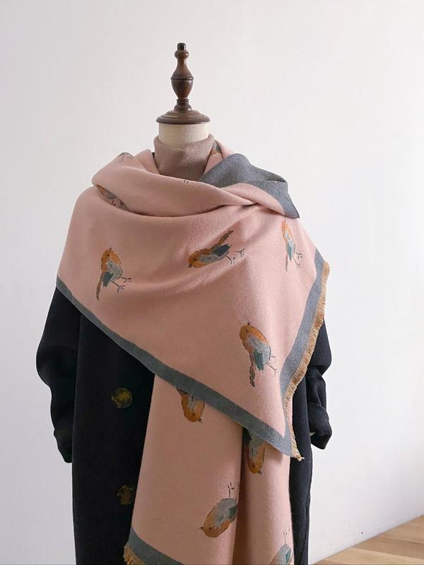 Fashion Bird Print Tassel Decor Scarf, Casual Soft Double Side Warm Shawl for Fall & Winter, Women's Imitation Cashmere Scarf for Daily Wear