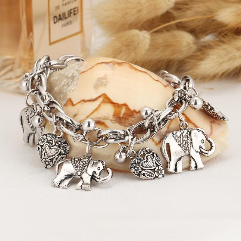 Women's Elephants & Hearts Design Charm Anklet, Fashionable Boho Style Animal Charm Decor Anklet, Casual Alloy Ankle Vintage Jewelry for Beach Essentials, Cool Female Accessories