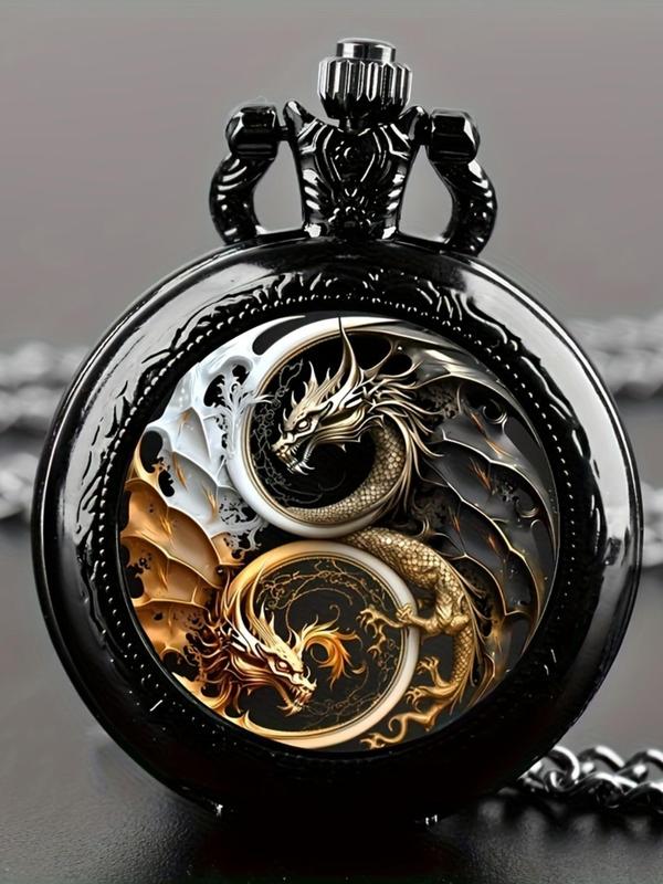 Men's Vintage Dragon Carved Quartz Pocket Watch, Fashion Round Dial Analog Watch for Party, Daily Decor, Trendy All-match & Exquisite Watch for Birthday Gift with Box