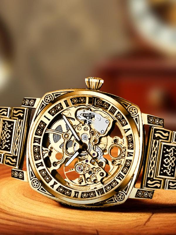 Men's Vintage Mechanical Watch, Fashion Retro Luminous Design Watch for Party, Daily Clothing Decor, Trendy All-match & Exquisite Watch for Birthday Gift with Random Box