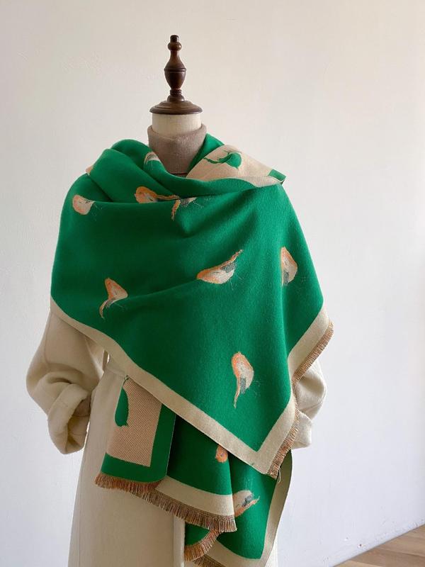 Fashion Bird Print Tassel Decor Scarf, Casual Soft Double Side Warm Shawl for Fall & Winter, Women's Imitation Cashmere Scarf for Daily Wear