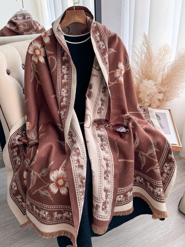 Women's Floral Pattern Fringe Trim Long Scarf, Double Sided Thickened Imitation Cashmere Scarf, Casual Soft Warm Shawl for Fall & Winter, Fashion Accessories for Daily Wear