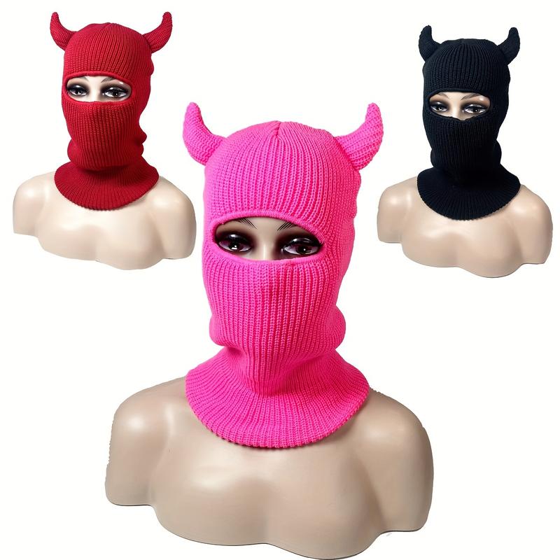 Halloween Bull Knit Balaclava Horn Solid Color Beanies Hip Hop Windproof Ski Mask Warm Full Cover Neck Gaiter For Women Men Autumn & Winter