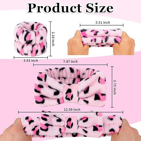 6 Pcs Puffy Spa Headband and Wristbands for Face Washing Skincare Headbands for Women (Pink Leopard, Brown Leopard)