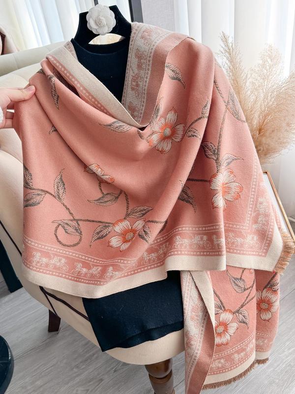 Women's Floral Pattern Fringe Trim Long Scarf, Double Sided Thickened Imitation Cashmere Scarf, Casual Soft Warm Shawl for Fall & Winter, Fashion Accessories for Daily Wear