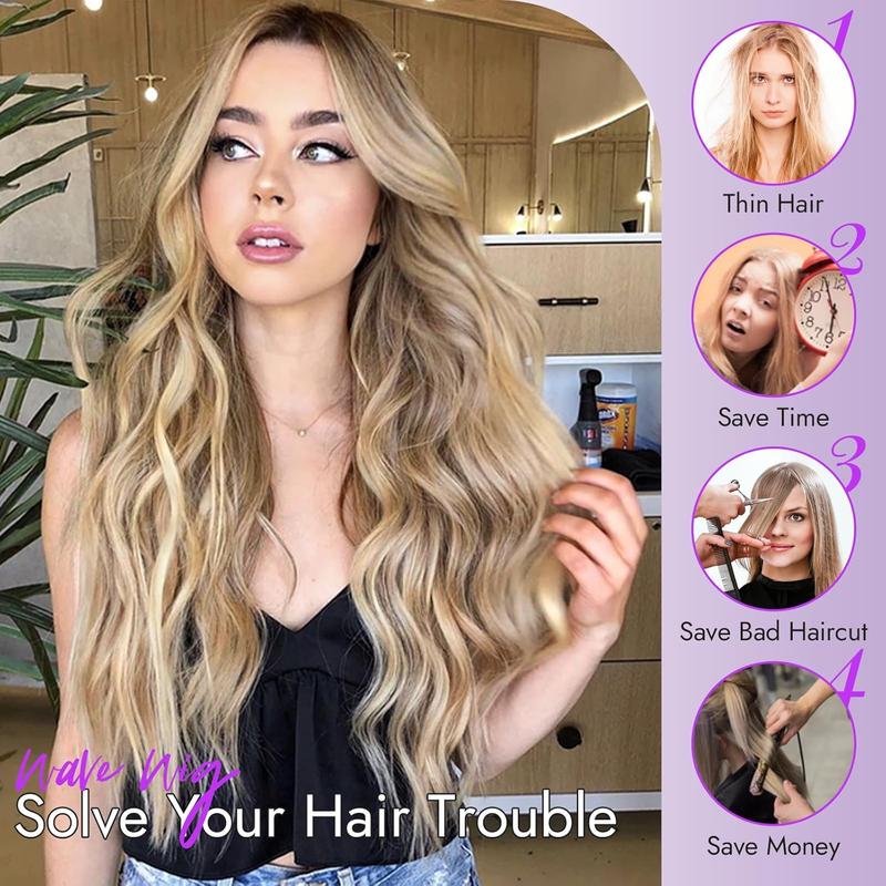 [ AISI HAIR ] Blonde Wig for Women Long Wavy 4x1 Lace Hairline Glueless Wigs for Beginners Middle Part Synthetic Wig Natural Hairline Wigs Ombre Blonde Wig for Daily Party Use 26Inch