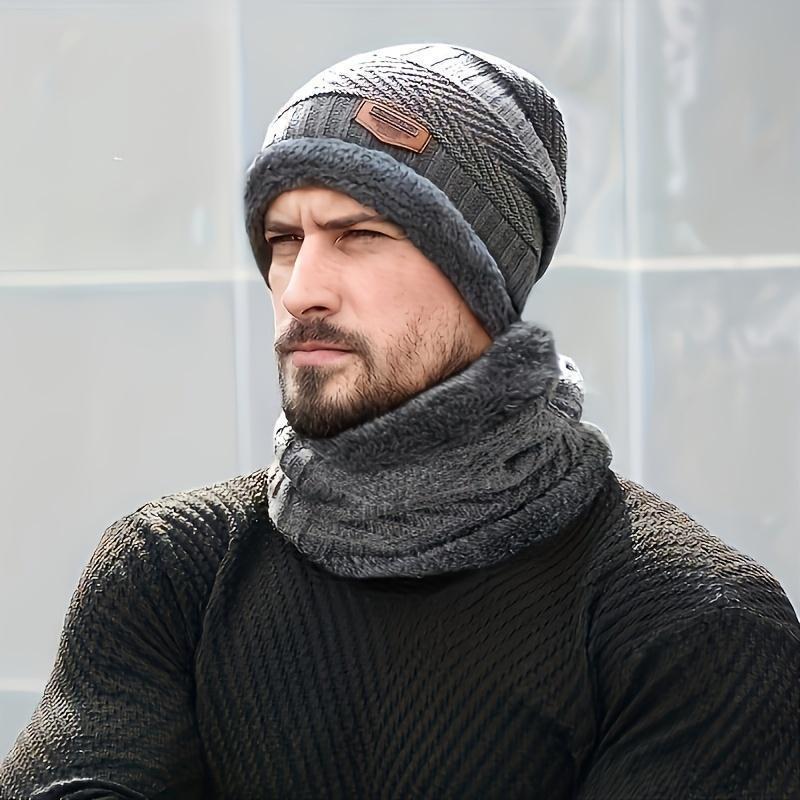 Men's Warm Knitted Hat with Scarf Suit-Thickened Thermal Fleece Lining Winter Accessories, Solid Color