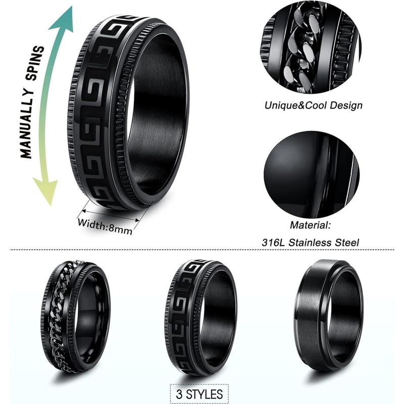 FLORIDECO 3Pcs Stainless Steel Fidget Ring for Men Women Cool Chain Greek Key Spinner Band Ring Set for Wedding Promise Stress Relieving 8MM Wide