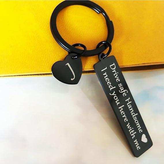 Drive Safe Keychain for Boyfriend Husband Dad 26 Initial Letter Keyring Valentine’s Day Gifts for Him Husband Gifts