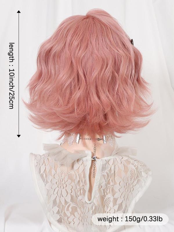 10 Inch Short Wavy Pink Women's Wig, Heat Resistant Wigs, Fluffy Wigs with Bangs, Synthetic Full Machine Wigs for Party, Daily Use