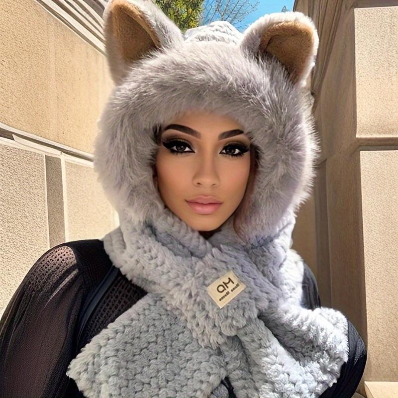 Winter Warm Hooded Scarf, Elastic Thick Neck Warmer, Cartoon Ears, Fluffy Plush Girl's Cap, Cute Animal Design Cross Scarf